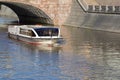 River motor ship on Moscow-river near cathedral of Christ the Sa Royalty Free Stock Photo