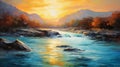 River And Mountain Landscape: A Captivating Speedpainting In Light Cyan And Orange