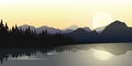 River and Mountains Row with Sunrise In Horizon, Vector Illustration Royalty Free Stock Photo