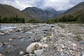 River with mountain torrent and many rocks. Wild nature landscape. Adventure tourism. Tough nature concept.