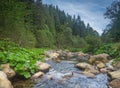 River in mountains with rocks, green grass on riverside. Mountain landscape, beautiful sky, clouds. Idea for outdoor activities, Royalty Free Stock Photo