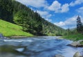 River in mountains with rocks, green grass on riverside. Mountain landscape, beautiful sky, clouds. Idea for outdoor activities, Royalty Free Stock Photo