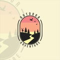 river at nature logo vintage vector illustration template icon graphic design. deer pines and duck at outdoor adventure lake with Royalty Free Stock Photo