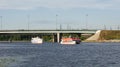 River navigation in Moscow: pleasure boats sail in the Khimki Canal