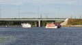 River navigation in Moscow: pleasure boats sail in the Khimki Canal