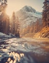 a river near Crater Lake with snow-capped mountains in the distance, sunny lens flares , generated by AI