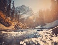 a river near Crater Lake with snow-capped mountains in the distance, sunny lens flares , generated by AI