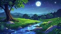 A river in a night forest, a mountain landscape, green grass under a tree, a glowing stream near meadow, an empty woods Royalty Free Stock Photo