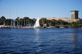 River Nile/ beautiful view for Aswan Egypt and Nubian Egyptian culture. sailing boat sailing in the River Nile and harbor with bir