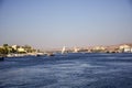 River Nile/ beautiful view for Aswan Egypt and Nubian Egyptian culture. sailing boat sailing in the River Nile and harbor with bir