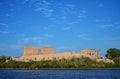 River Nile/ beautiful view for Aswan Egypt and Nubian Egyptian culture. sailing boat sailing in the River Nile and harbor with bir Royalty Free Stock Photo