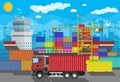 Cargo ship, container crane, truck. Port logistics Royalty Free Stock Photo