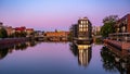 The river Odra at sunrise with modern building in Wroclaw, Poland. Viwe from university bridge. Kategoria PodrÃÂ³ÃÂ¼e Royalty Free Stock Photo