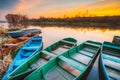 River and old rowing fishing boat at beautiful sunrise at mornin Royalty Free Stock Photo