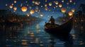 light boat water night river travel celebration lantern lamp festival. Generative AI.