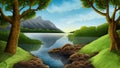 River panorama, Natural landscape paintings are beautiful and have the characteristics of the artist who created them.