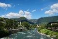 The river Passer in Merano, Italy. The leisure spot on the right is empty. COVID-19 rules.