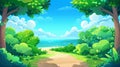 River path through summer forest cartoon background. Blue sky with clouds and ocean view for game illustration. Modern Royalty Free Stock Photo