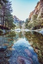 River with pebbles, mountains and picturesque forest. Enchanting and evocative landscape. Royalty Free Stock Photo