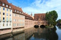 On the river Pegnitz in the old town of Nuremberg, Germany. Royalty Free Stock Photo