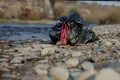 River pollution near the shore, garbage pack near the river, plastic food waste, contributing to pollution