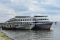 River port Russia Kostroma 02.08.2021. Retro cruise liners are moored. The Volga River. Sky