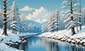 River Portrait: Snow-Clad Trees, Azure Skies, and an Artist\'s Brush