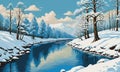 River Portrait: Snow-Clad Trees, Azure Skies, and an Artist\'s Brush