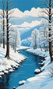 River Portrait: Snow-Clad Trees, Azure Skies, and an Artist\'s Brush