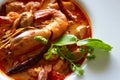 River prawn spicy soup or tom yum goong,a famous Thai food Royalty Free Stock Photo