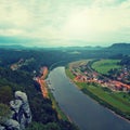 River after rainy night, fog cloud is shaking above water level and river banks. Autumn landscape, daybreak at horizon. Traffic li Royalty Free Stock Photo