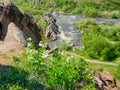 River with rapids, rocky shore and blooming cherry in foreground