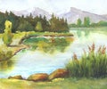 River with reeds, trees reflection watercolor landscape handmade illustration Royalty Free Stock Photo