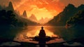 River Reflections: Serene Monk Meditating at Sunrise