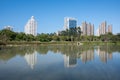 The river reflects the modern city buildings under the blue sky Royalty Free Stock Photo