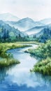 A river rendered in beautiful pastels, meandering peacefully through a serene watercolor scene.AI Generate