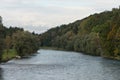 River Reuss on border of cantons Zug and Aargau in autumn and mountain Pilatus