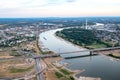 River Rhine in Leverkusen, Germany. Bridge over Autobahn 3 with maintenance and Chempark Bayer Leverkusen