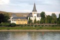 River Rhine and small town with white church near Bonn in Germany Royalty Free Stock Photo