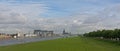 River Rine, with Kranhaus buildings on one embankment and poller wiesen green city park on the other side, cologne Royalty Free Stock Photo