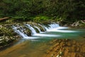 River in the rocks and green forest on low exposure