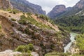 Narrow river by rocky canyon