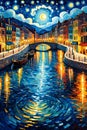 A river running through a city, with starry sky, fluffy clouds, reflection lights on water, street lamp, mountaim, painting art Royalty Free Stock Photo