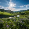 a river running through a grassy valley