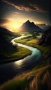 The River Running Through the Green Valley at Sunset