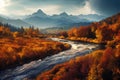 a river running through a lush green forest covered in fall foliage and surrounded by mountains in the distance with a cloudy sky Royalty Free Stock Photo