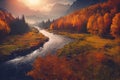 a river running through a lush green forest covered in fall foliage and surrounded by tall mountains and trees with orange leaves Royalty Free Stock Photo