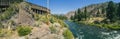 Panoramic view of truckee river and wooden flume near Farad California in summer