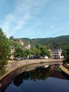 River river Sauer and village Esch-sur-Sure in the Ardennes of Luxembourg Royalty Free Stock Photo