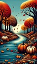 A river scene with floating pumpkins and autumn leaves, creating a whimsical and seasonal image. landscape background, Nature